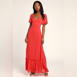 Lulu’s Tailor Made For You Coral Jacquard Lace-Up Maxi Dress NWT